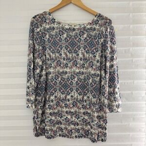 Talbots Woman Floral Medallion Boat Neck 3/4 Sleeve Sweater Top Blue Pink 1X